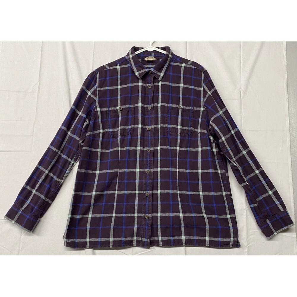 Duluth Trading Co Flannel Shirt Womens XL Purple Plaid Long Sleeve Button Up